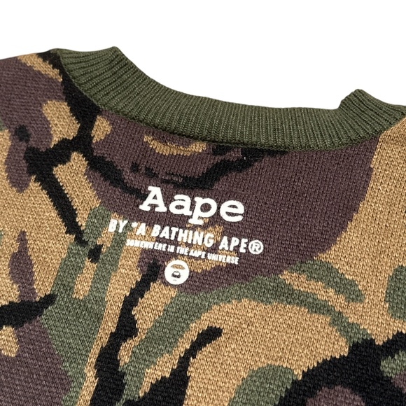 AAPE A Bathing Ape Green Camo Big Logo Knit Rabbit Hair Sweater Mens Small - Picture 5 of 11